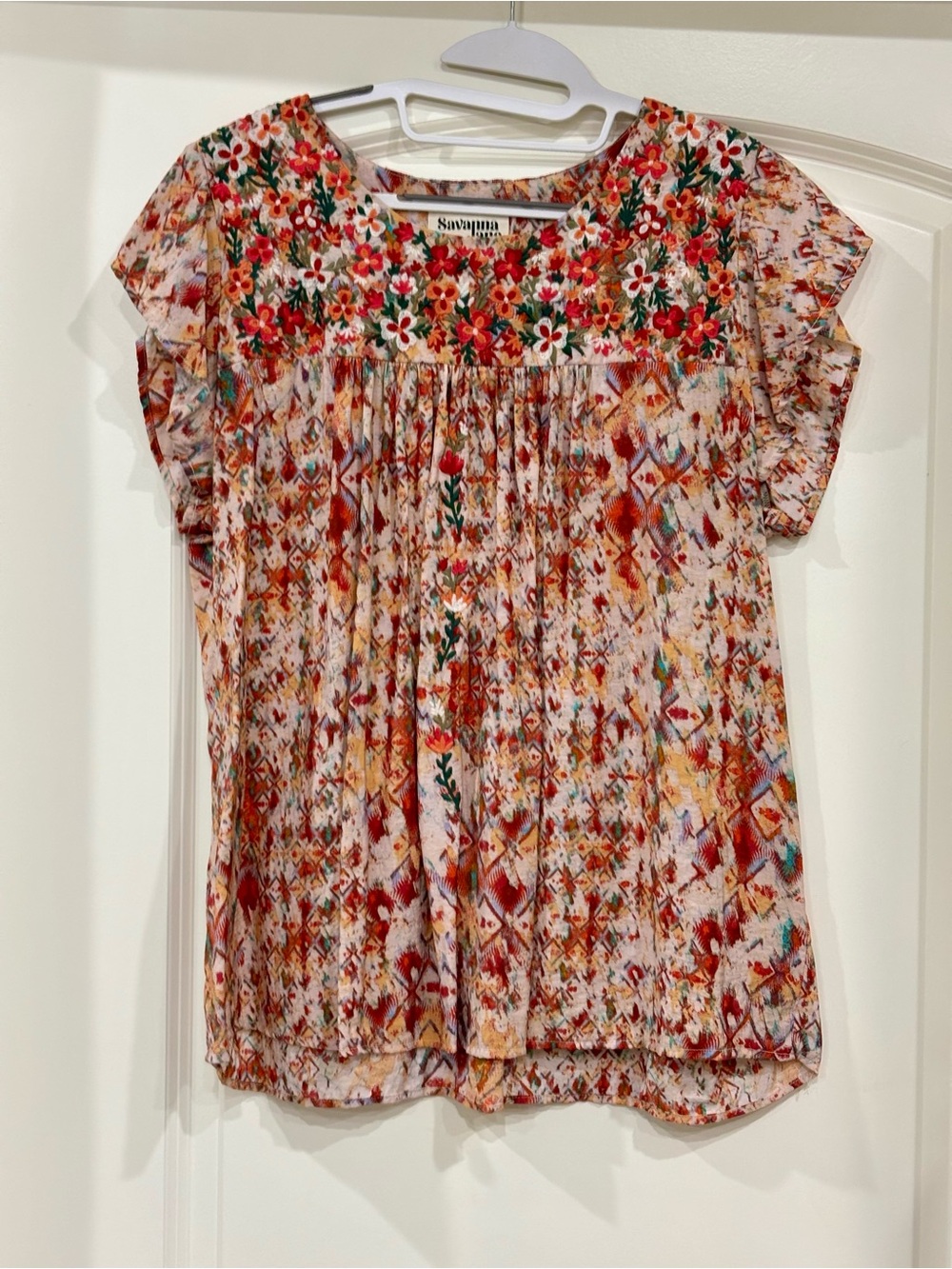 Savanna Jane Red & Cream Floral Embroidered Flutter Sleeve Blouse